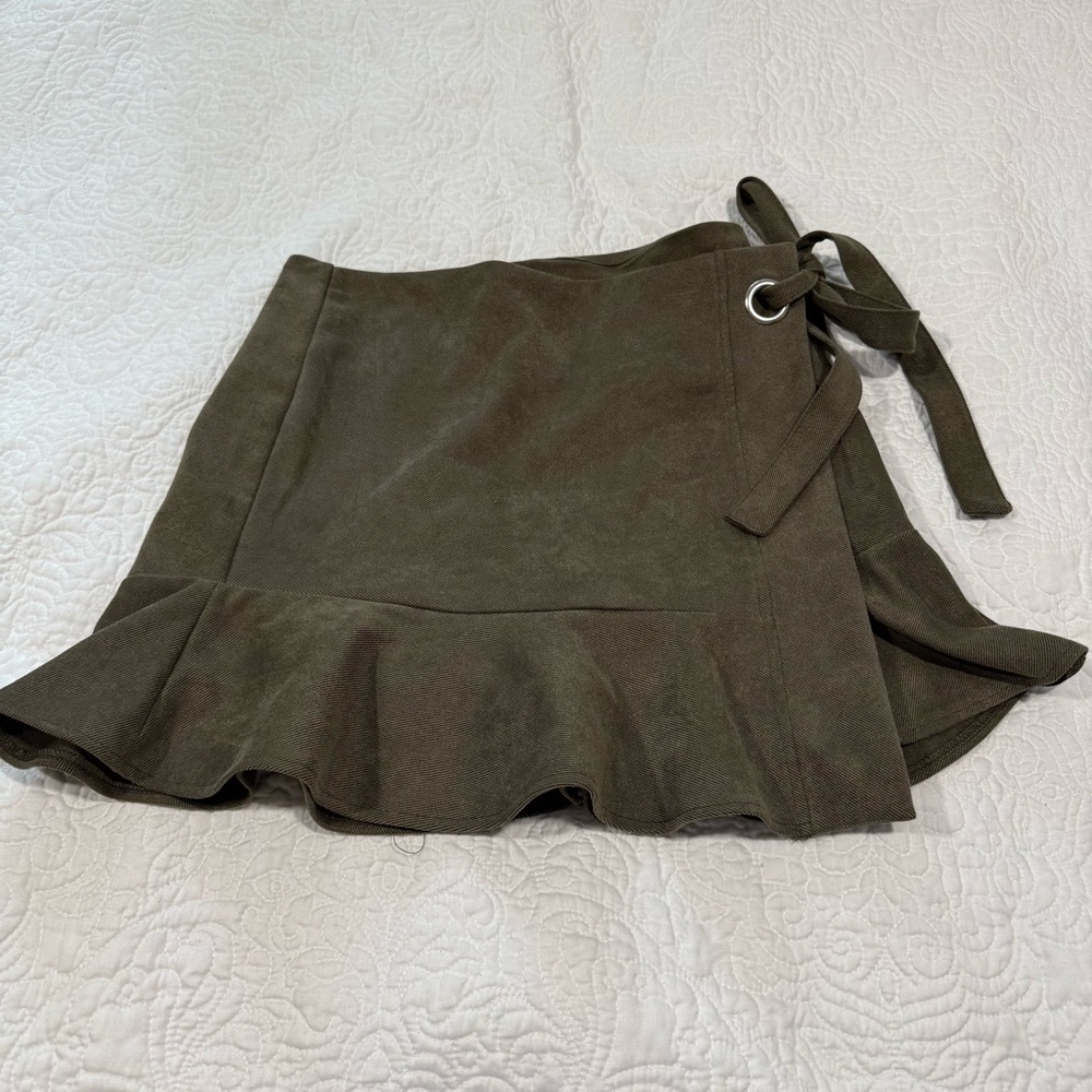 Olive Green Wrap Mini Ruffle Hem Skirt
